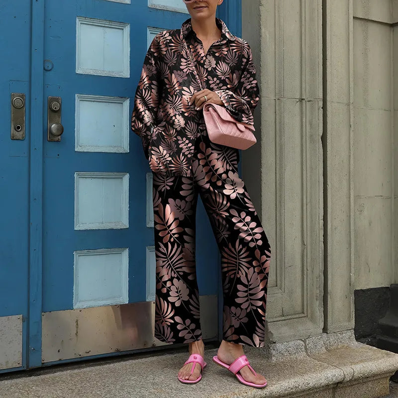 Maxy Autumn New Loose Vintage Printed Pant Sets Women Long Sleeve Shirts And Wide Legs Trousers Two Piece Set Fashion Streetwear
