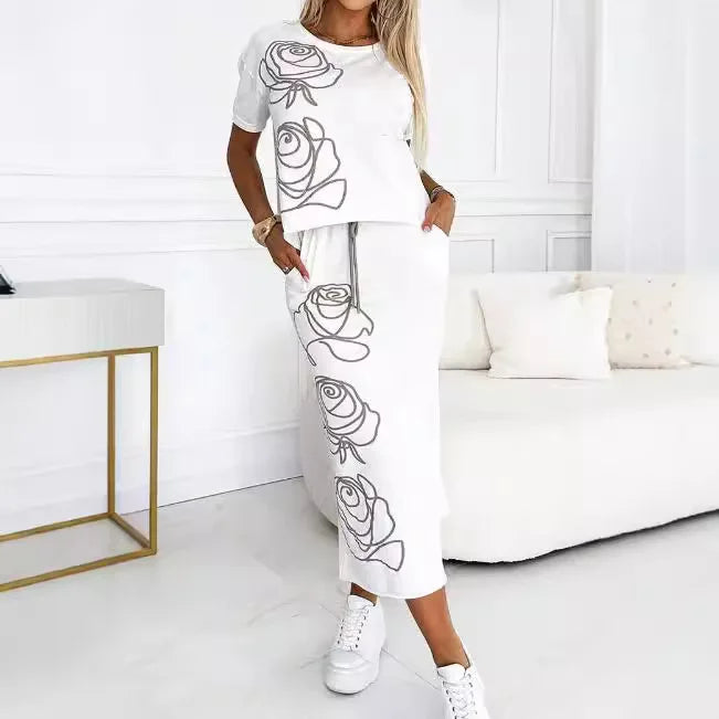 Maxy Fashion Women's New Rose Flower Print Dress Two-piece Set Women's T-shirt Top + Skirt Sui't 2-piece Sets
