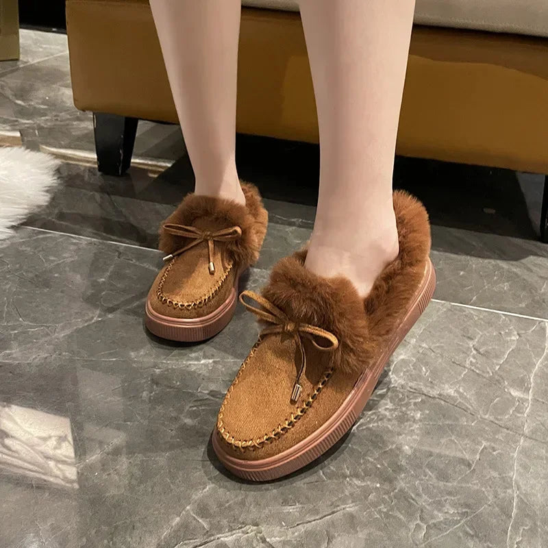 Maxy Winter Women's Cotton Flat Shoes Moccasins Femme Warm Plush Loafers Comfy Fur Flats Woman Large Size 35-43 Platform Furry Boots