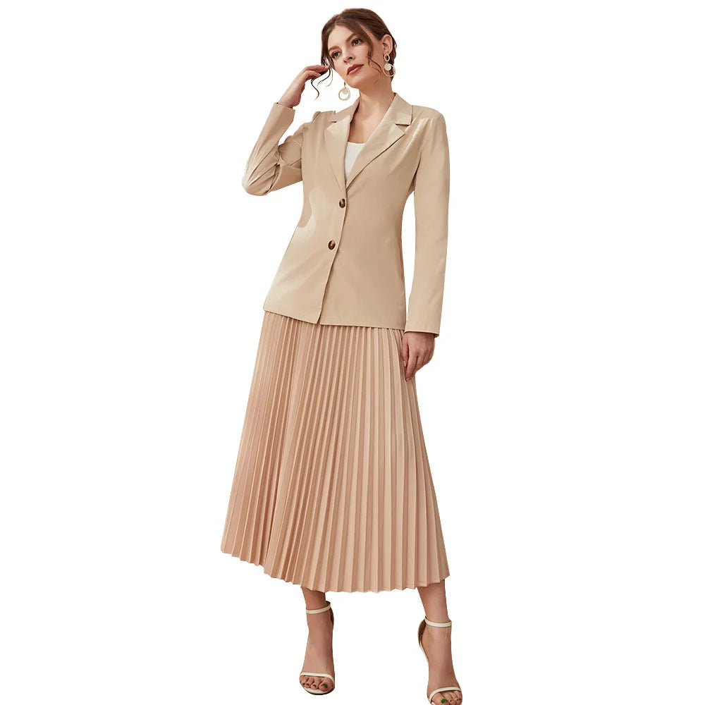 Maxy Women's 2024 Autumn Fashion Casual Professional Style Suit Coat Strap Pleated Skirt Set Blazer Dress