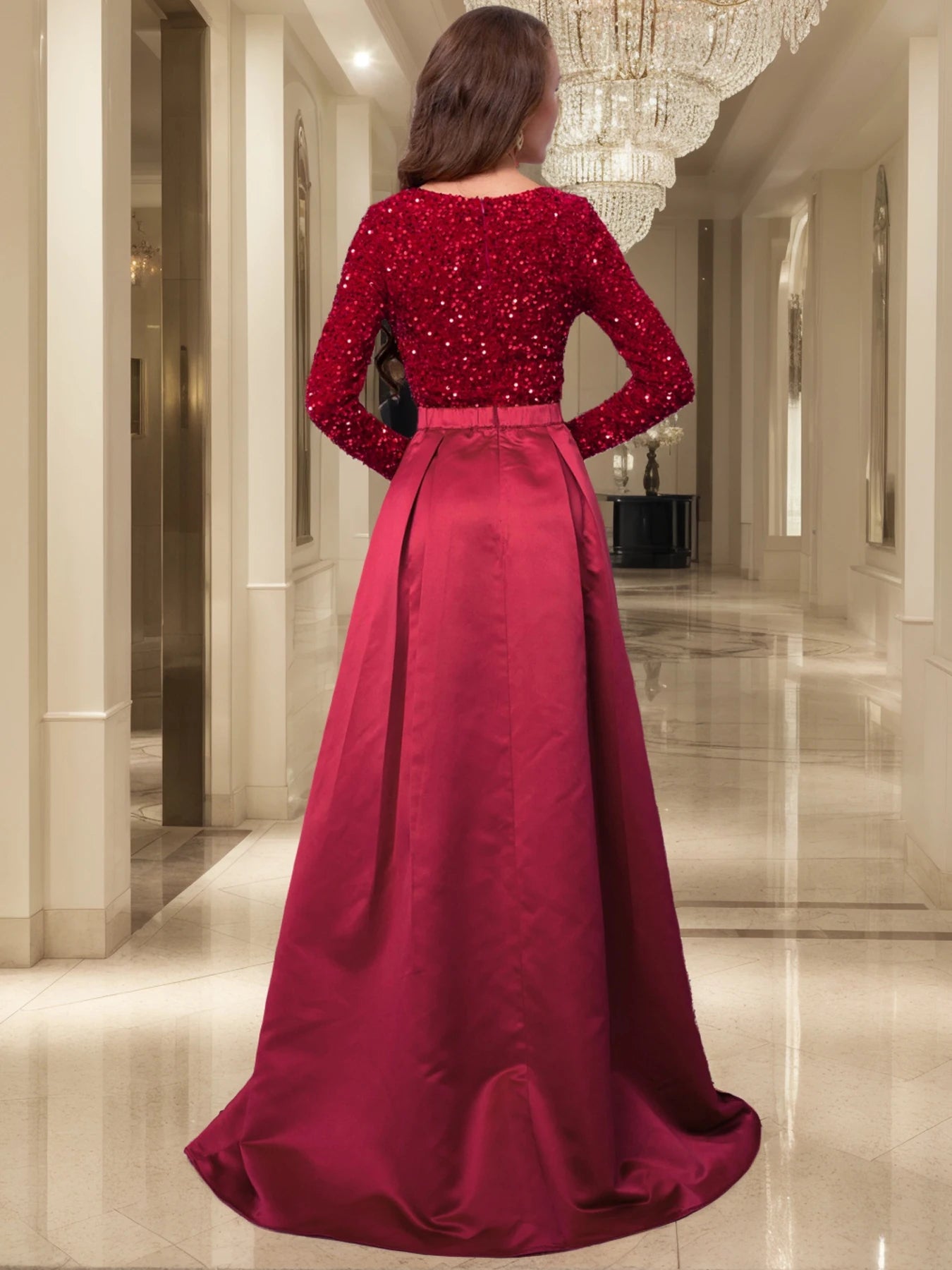 Maxy Romanic Women V Neck Sequin Satin Long Sleeves Evening Party Dress Graduation Prom Gown Floor Length Slit With Pocket Dresses