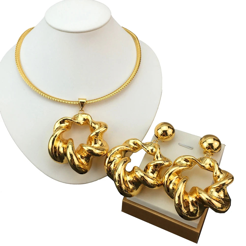 Maxy Dubai 18K Gold Plated Earrings Necklace Big Circle Pendant Trend Party Wedding Lover Wife Girl Gift Jewelry Sets for Women