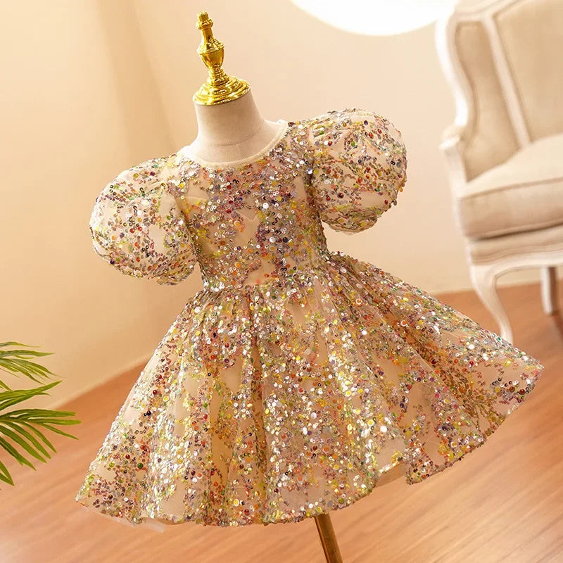 Maxy Child Girls Evening Dresses Champagne Gold Luxury Birthday Party Gown Sequin Pageant Formal Dress Teen Wedding Prom Frock