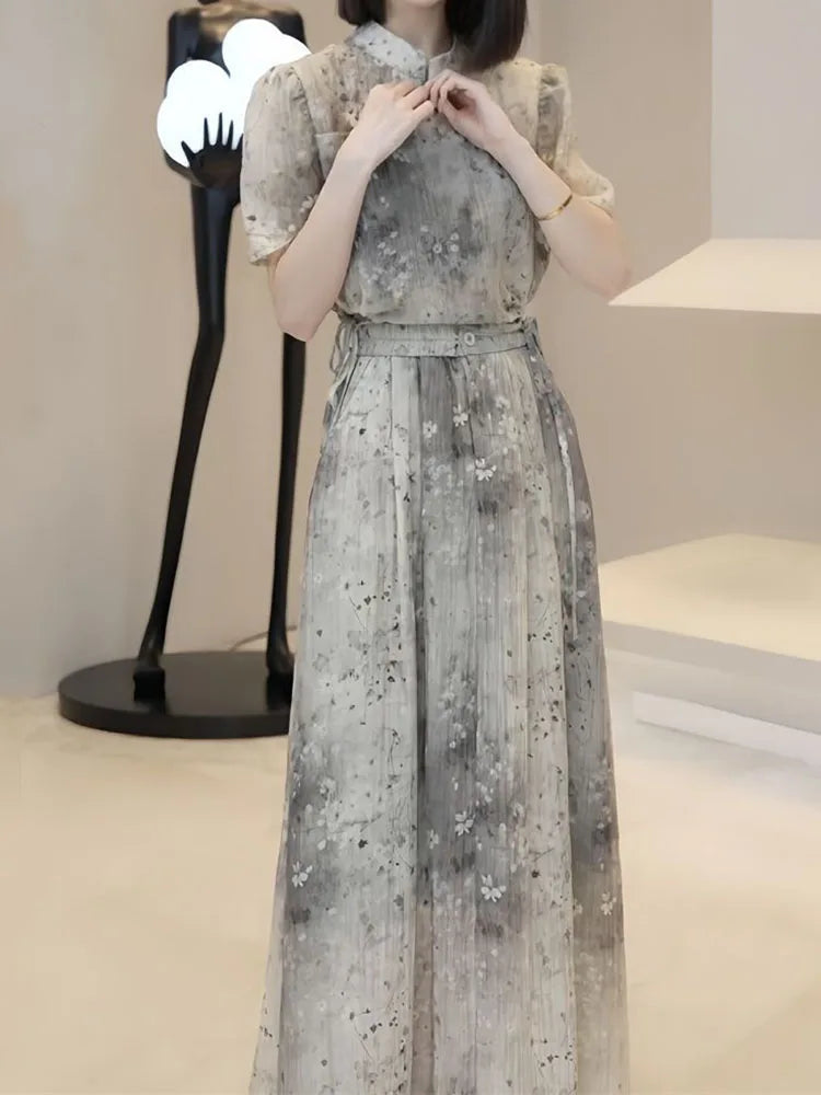 Amay Printed skirt women's summer Chinese high-quality national style printed top niche design temperament two-piece suit