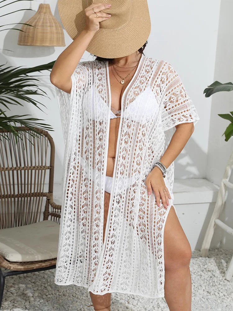 Macy White Kimono Bikini Cover Up for Women Holiday See Through Hollow Out Knitted Split Long Beach Cover-ups