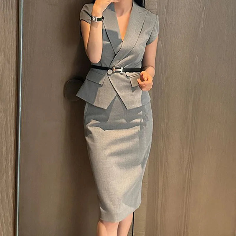 Amay Suit skirt women's summer new professional dress slim fashion short sleeve suit slim skirt two-piece suit