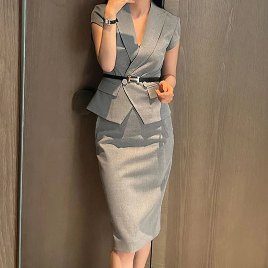 Amay Suit skirt women's summer new professional dress slim fashion short sleeve suit slim skirt two-piece suit