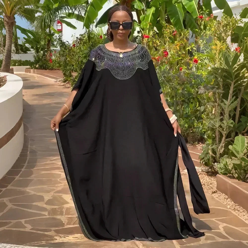 Maxy African Dresses for Women Traditional Embroidery Bazin Gown Ankara Black Robes Nigeria Wedding Evening Party Dress