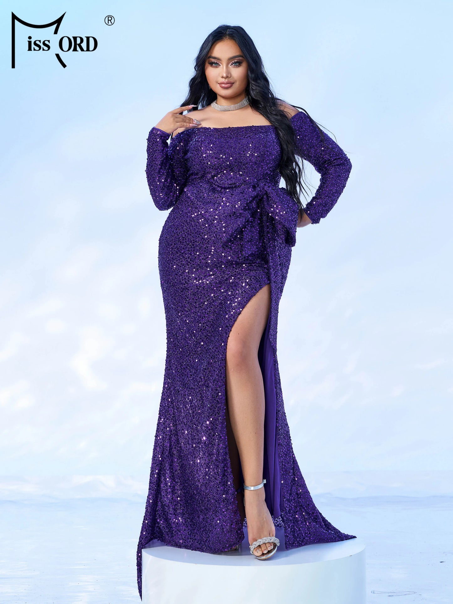 Maxy Plus Size Off Shoulder Long Sleeved Sequin Split Evening Gown Wedding Birthday Party Large Size Floor Length Dress