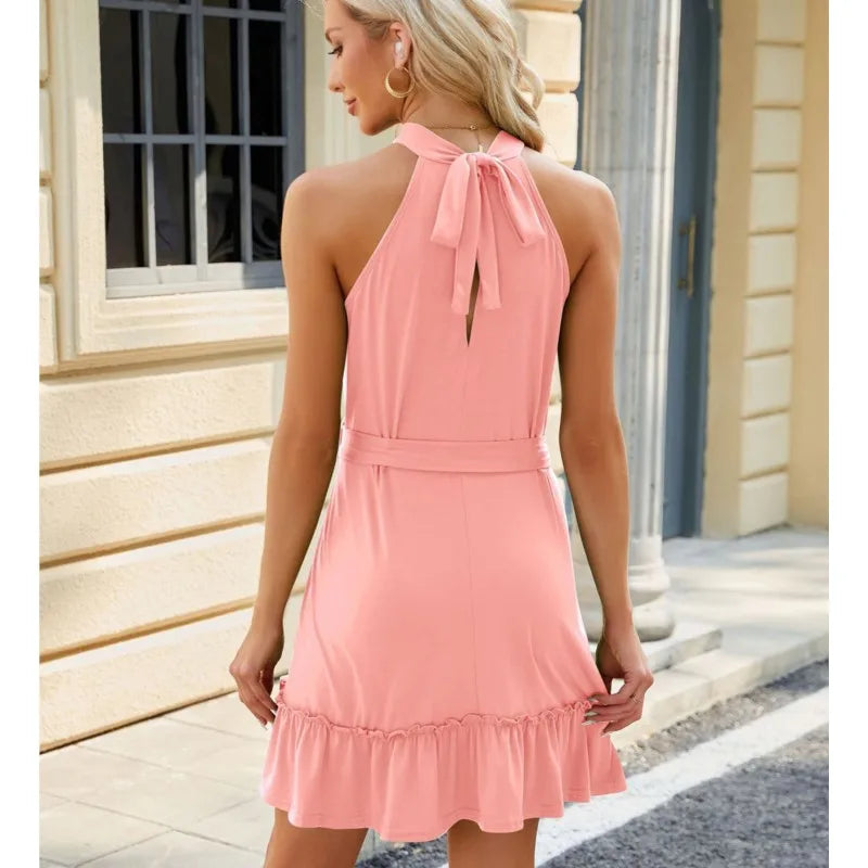 Amay Spring/Summer Fashion New Solid Color Round Neck Hanging Neck Strap Style Dress for Women