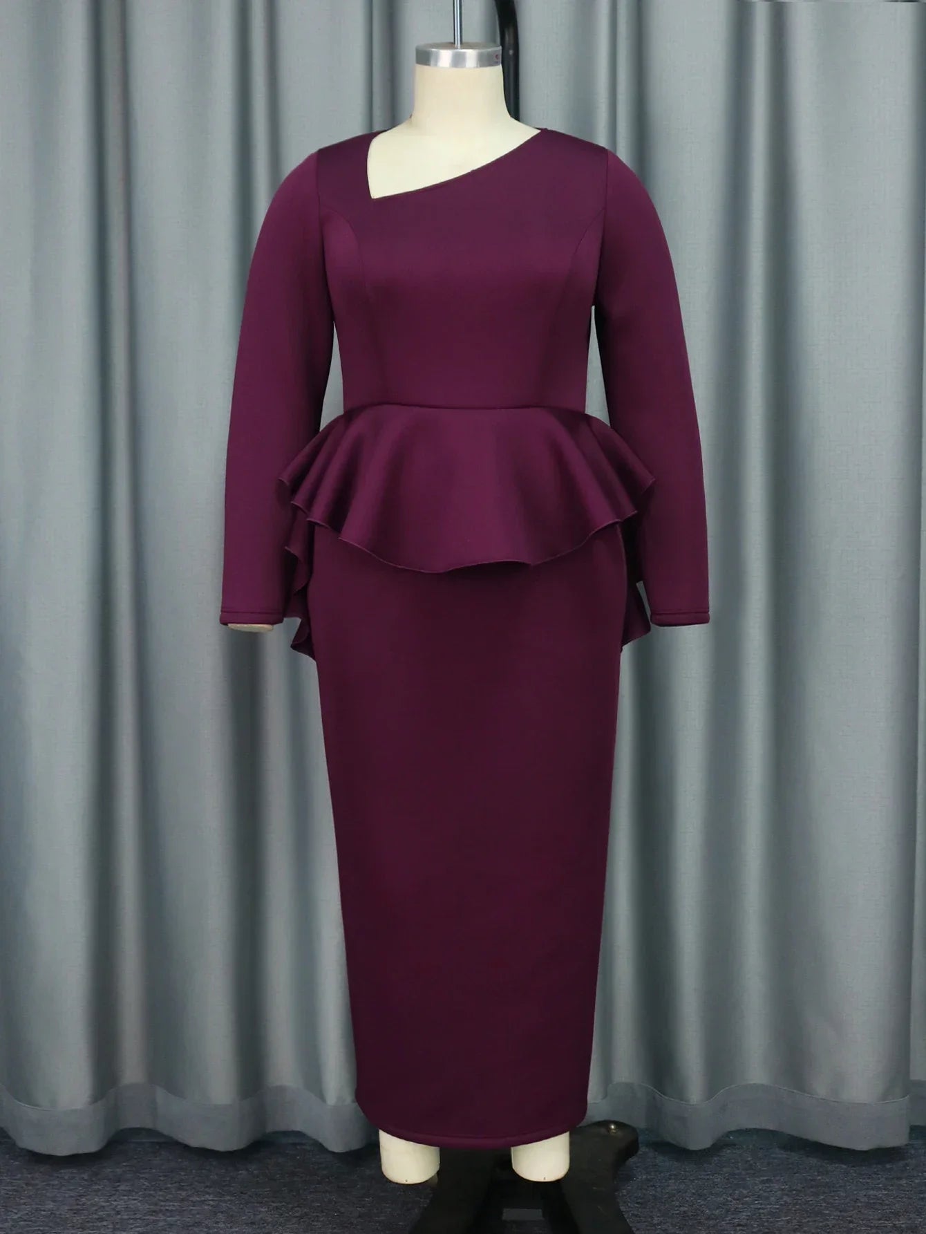 Babs Elegant Dresses Asymmetric Collar Long Sleeve Ruffle Pencil Tight Party Office Women's Fashion Dress Plus Size Women Clothing