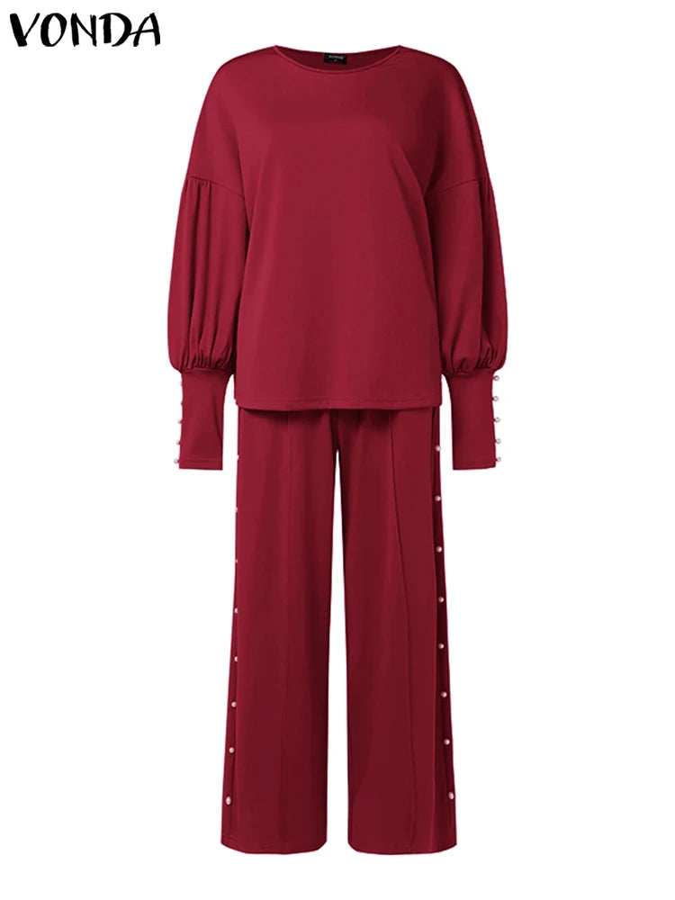 Maxy Plus Size Pant Sets Autumn Women O-neck Long Lantern Sleeve Tops Loose Trousers Causal Solid Suits American Style