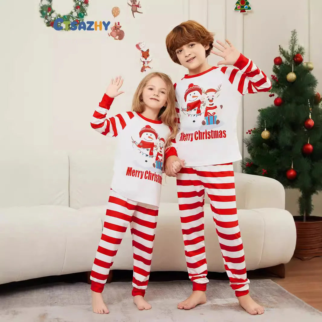 Family home wear Christmas Deer Snowman family suit red and white stripes patchwork printed pajamas two-piece set