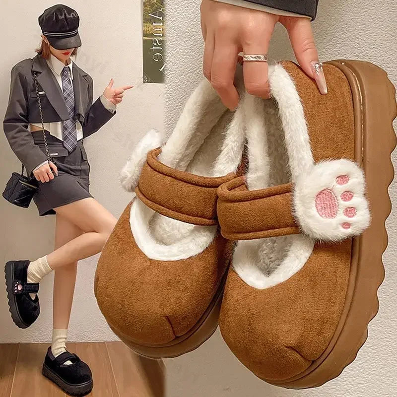 Maxy Cute Cat Paw Cotton Snow Boots Shoes for Women New Winter Velvet Thick Sole Outdoor Shoes Warm Round Toe Lazy Casual Shoes