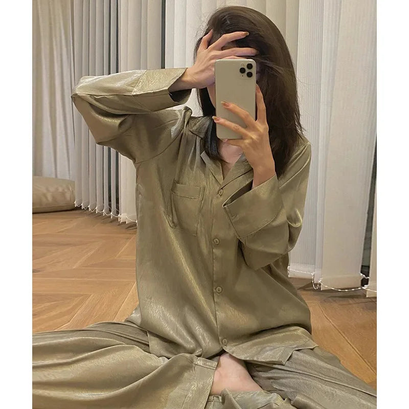 Maxy High Quality Light Luxury Ice Silk Pajamas Women's Pajama Spring and Autumn Style Long Sleeve Home Set Nightwear Sleepwear