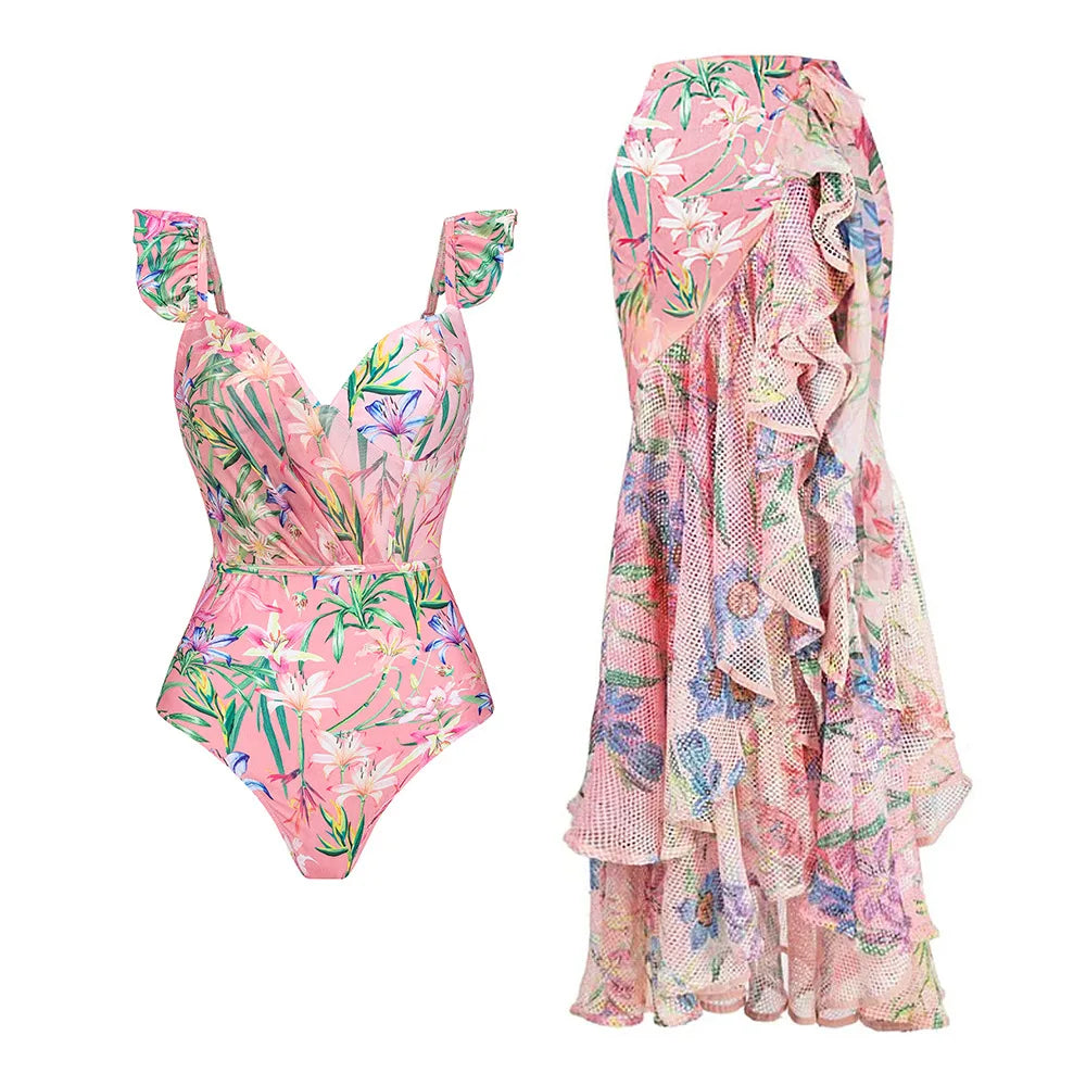Maxy Women Swimwear Summer Floral Printed V-neck Swimsuit One-piece Bodysuit Bikini Set Beach Style Wear Maxy Dress Skirt Vacation