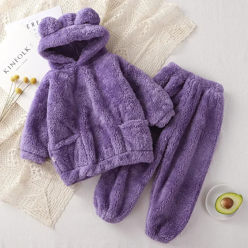 Maxy 1-4 Years Baby Boy Girl Clothes Pajamas Set Flannel Fleece Infant Toddler Child Warm Hooded Sleepwear Home Suit Winter Autumn