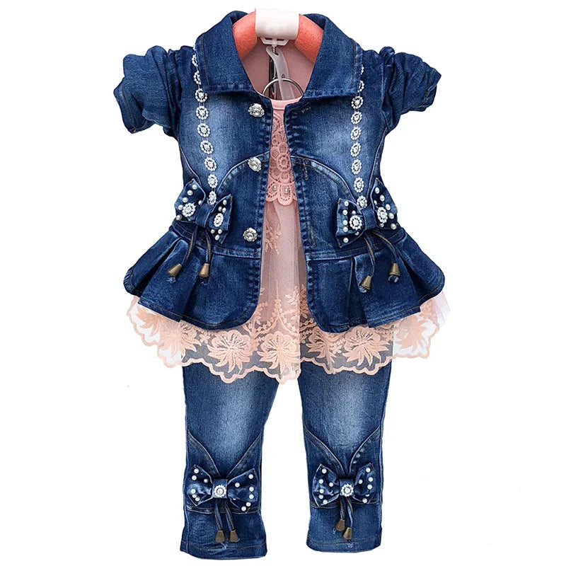 Maxy Spring Autumn Infant Baby Girl Denim Clothing Sets 3 pcs Long Sleeve T Shirt Dress Tops Denim Jacket and Jeans Trousers Pants