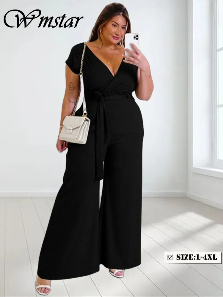 Wmstar Plus Size Women Clothes Jumpsuit  Solid Off Shoulder with Bandage Summer Beach V Neck New Style Wholesale Dropshipping