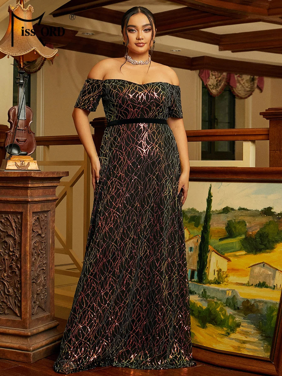 Maxy Plus Size Off Shoulder Sequin Black Evening Dress Chic Elegant Woman Dress Formal Occasion Dresses