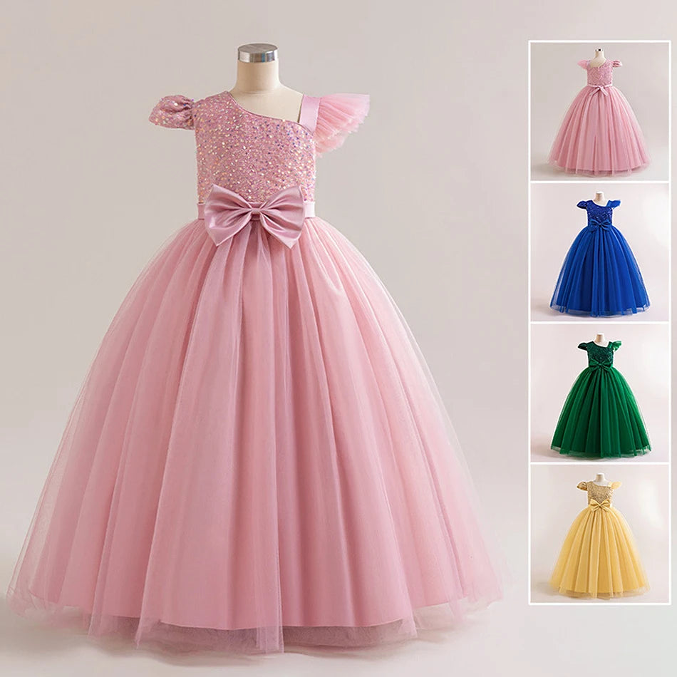 Maxy Girls Solid Sequin Mesh Bow Formal Evening Gown Kids Piano Performance Host Costume Children Wedding Elegant Princess Dress