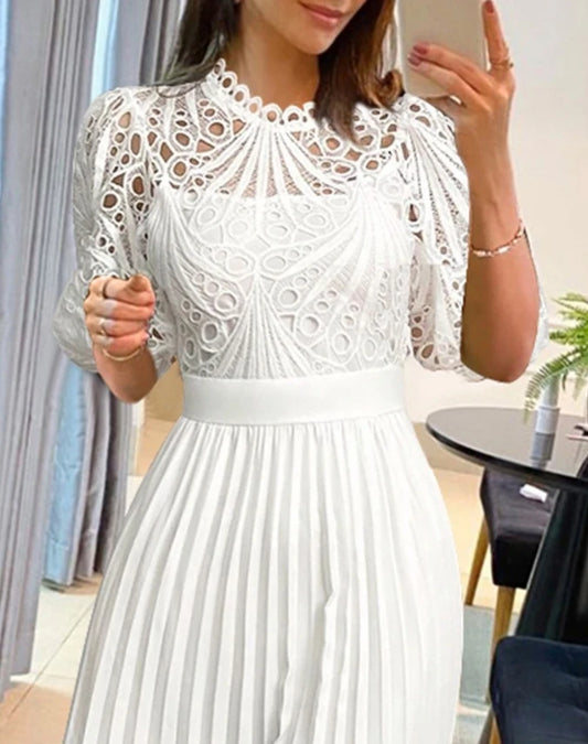 Maxy Women Dresses Spring Fashion Eyelet Embroidery Puff Sleeve Elegant Stand Collar Half Sleeve Plain Daily Pleated Midi Dress