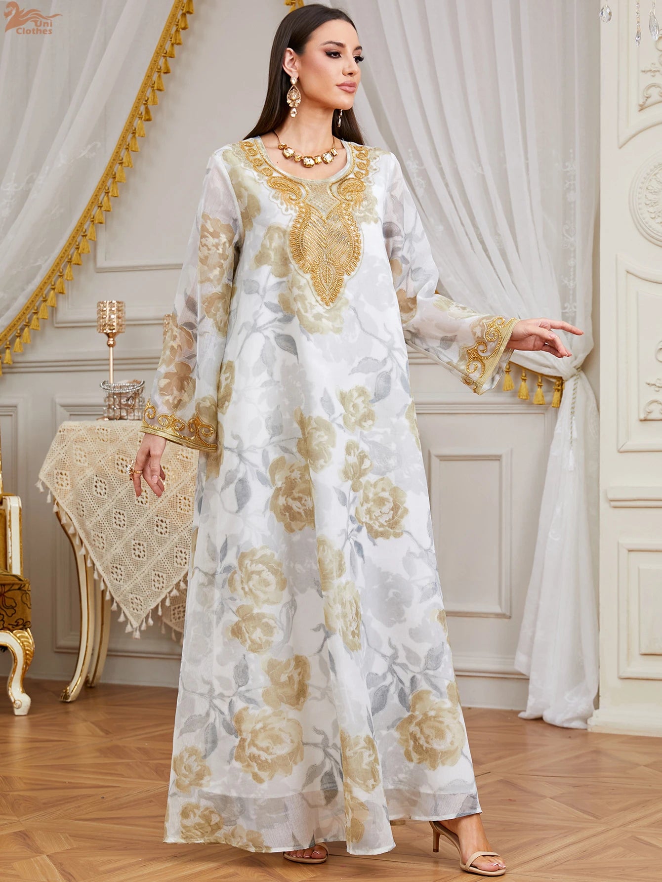 Zahraa 2026 Eid Muslim Beaded Printed Long Dress Elegant Modest Abaya Islam Clothing Dubai for Woman Party Dresses Jalabiya Gown