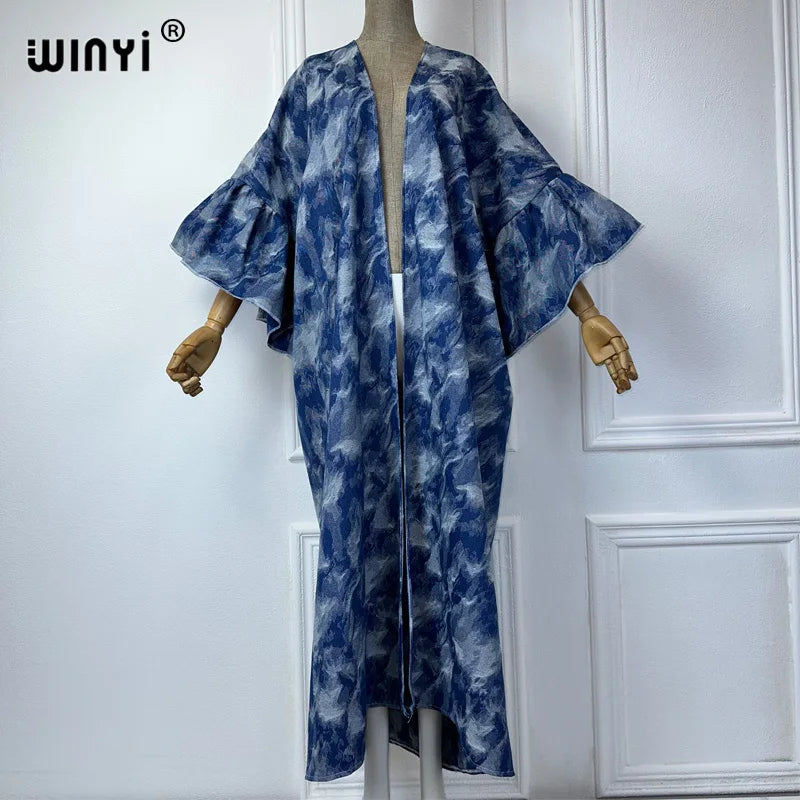 Maxy Tie-dyed Jacquard wash denim Cardigan maxy Dress elegant Party Holiday Swimming beach Cover Up fashion dress