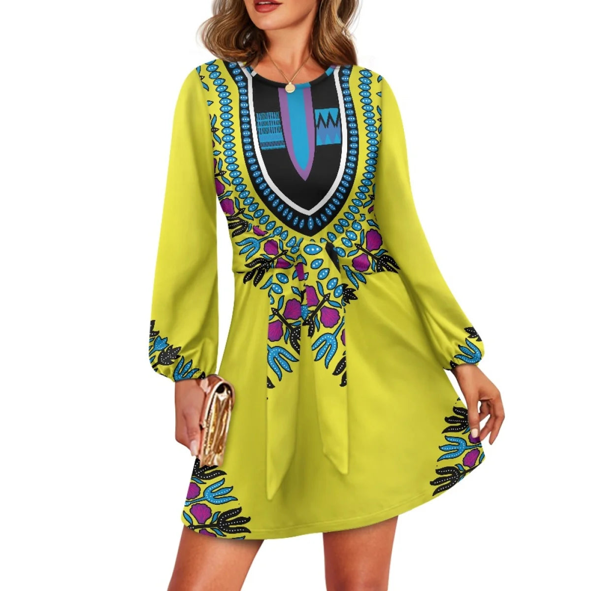 Maxy O neck women trumpet sleeve dress Polynesian tropical style women formal elegant evening dress