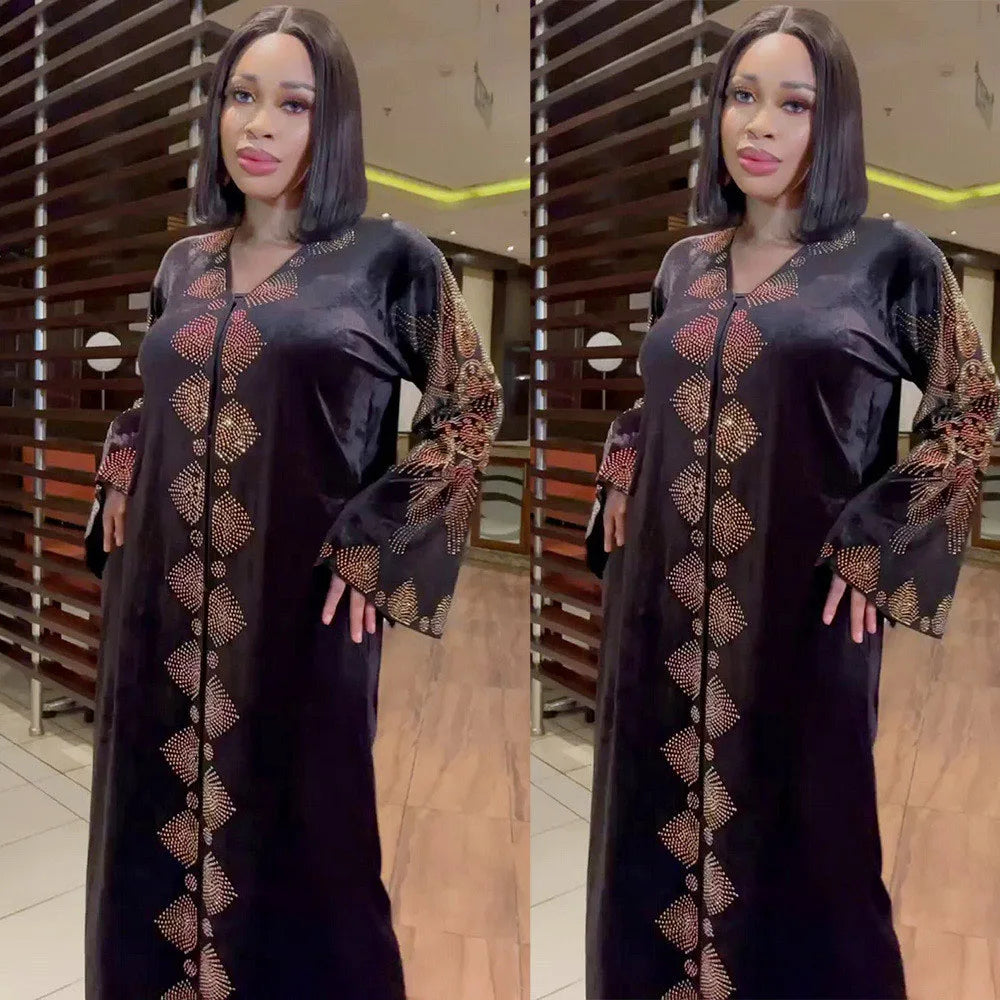 Nigeria Diamonds Velvet African Dresses For Women Evening Party Gown African Dashiki Moroccan Kaftan Abaya Afircan Clothing Gown