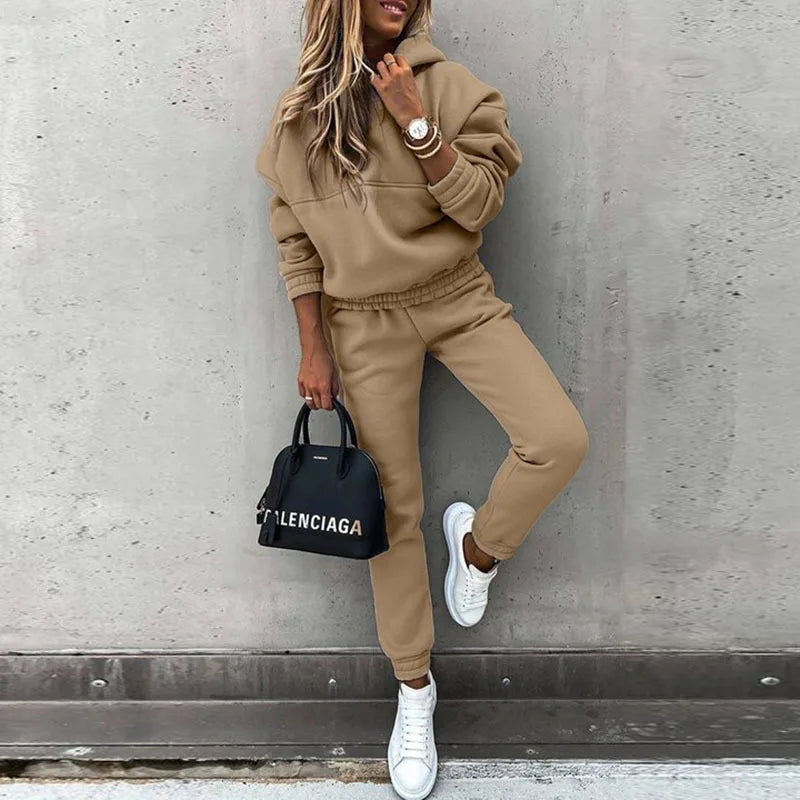 Maxy Women Winter Two Piece Set Tracksuit Solid Color Suit Autumn Trouser Suits Female Sweatshirt Solid Sports Hoodie Sportswear