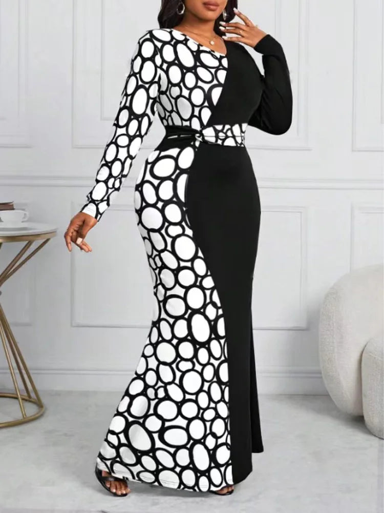 Maxy  Plus Size Autumn V-neck Long Sleeve Mermaid Hem Bodycon Dress Women Black Contrast Print Elegant Maxy Dresses New