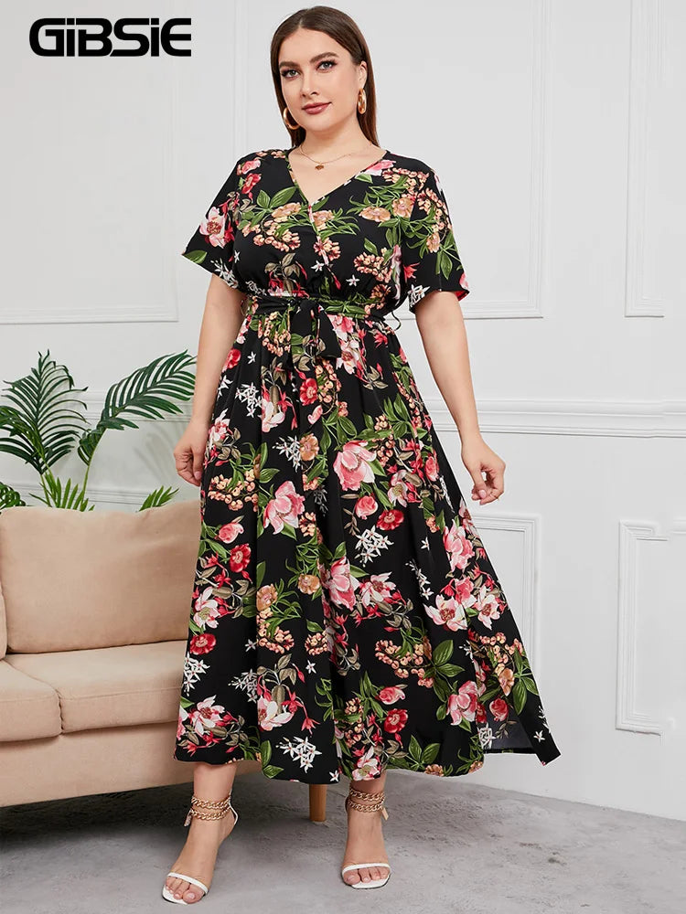 Gacy Plus Size V Neck Floral Print Boho Dress Women Summer Short Sleeve Maxy Dresses Holiday A-line Female Belted Dress