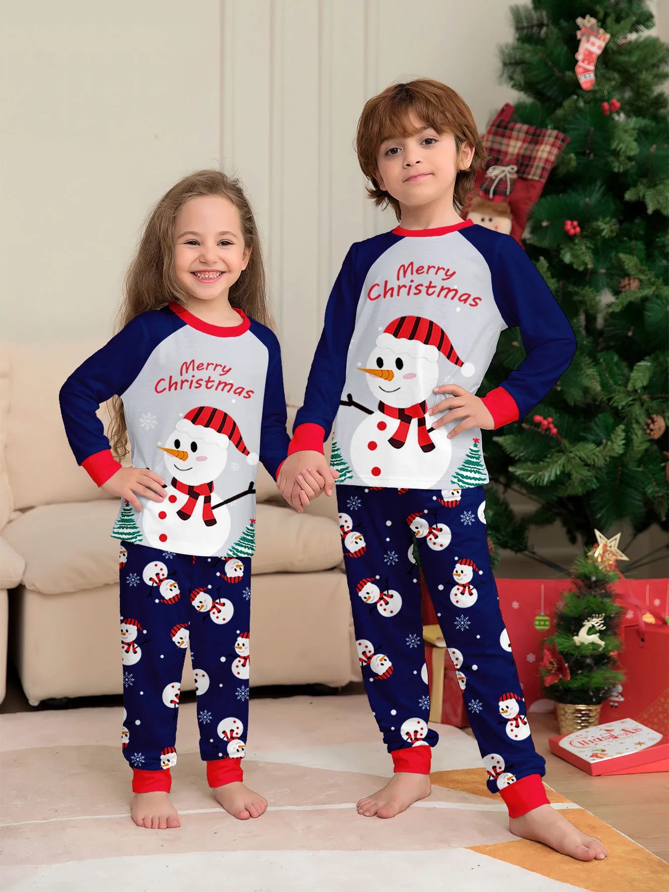 Christmas Pajamas Family Blue Cartoon Snowmen Printed Family Matching Christmas Pajamas Long Sleeve Christmas Pjs Set