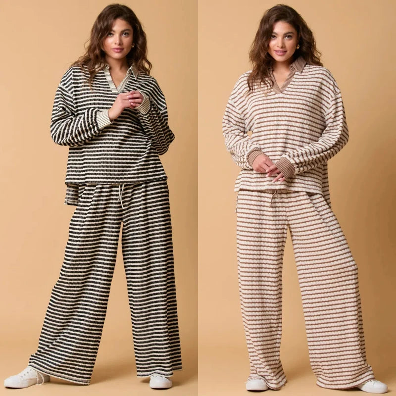 Zay Women's Autumn and Winter New Splicing Turn Down Collar Two-color Striped Long Sleeved Pants Two-piece Fashionable Casual Suit