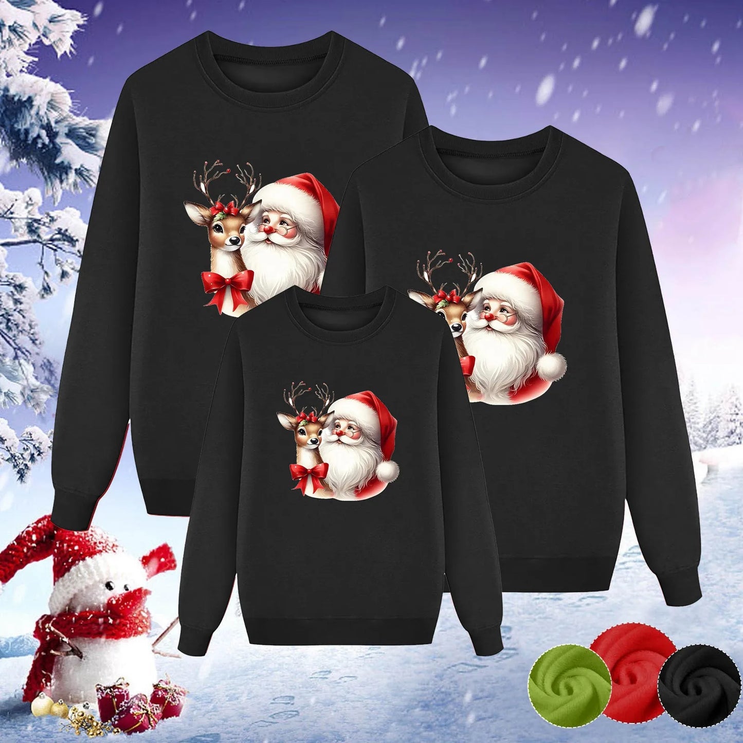 Christmas Family Set Santa Deer Print Long Sleeve Round Neck Plus Fleece Mother Father Kid Hoodie Family Matching Family Pajamas