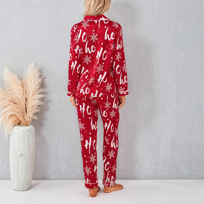 Maxy Autumn Women Pajamas Set Print Christmas Sleepwear 2Pcs Red Buttons Lapel Neck Shirt Tops + Elastic Waist Pants Sets Loungewear