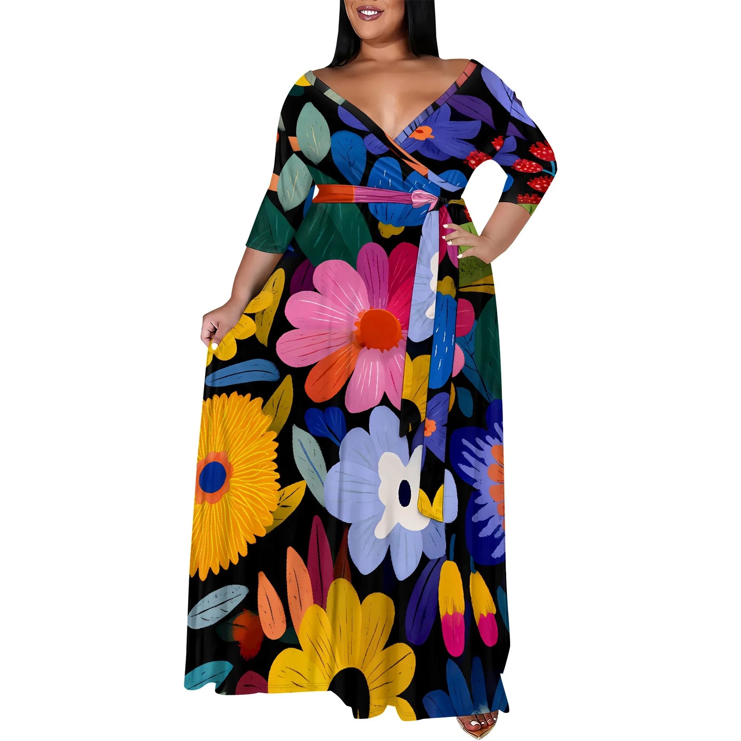 Maxy Plus Size Women's 3/4 Sleeve V-Neck Floral Print Wrap Maxy Dress Elegant Bohemian Casual Dress