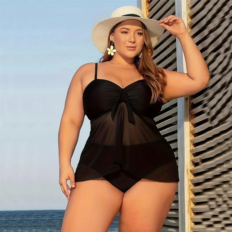Maxy Swimsuits Women Padded Plus Size High Waist Two Piece Halter Mesh Swimwear Tankini Top Big Breasts Bathing Suit Beachwear