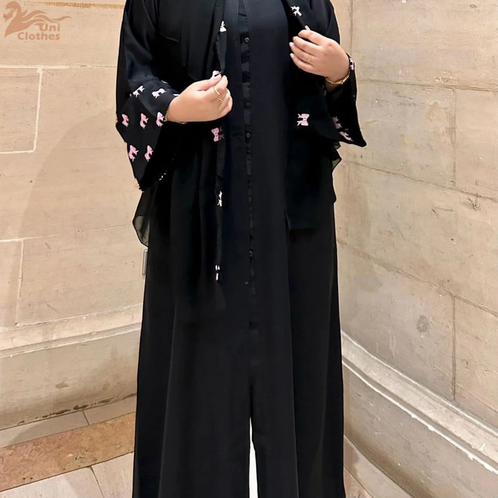 Maxy Butterfly Embroidery Muslim Modest Cardigan for Women Ramadan Saudi Arabia Black Hijab Abaya Islam Turkey Kaftan Robe