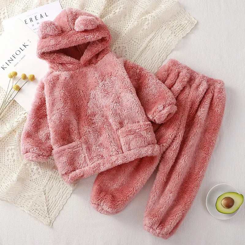 Maxy 1-4 Years Baby Boy Girl Clothes Pajamas Set Flannel Fleece Infant Toddler Child Warm Hooded Sleepwear Home Suit Winter Autumn