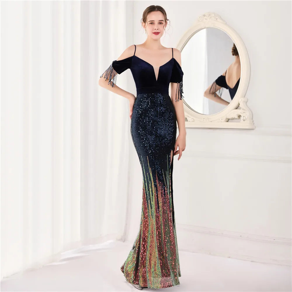 Maxy Women Elegant Formal Sequin Glitter Beaded Long Dress Party Prom Evening Wedding Straps Mermaid Dress