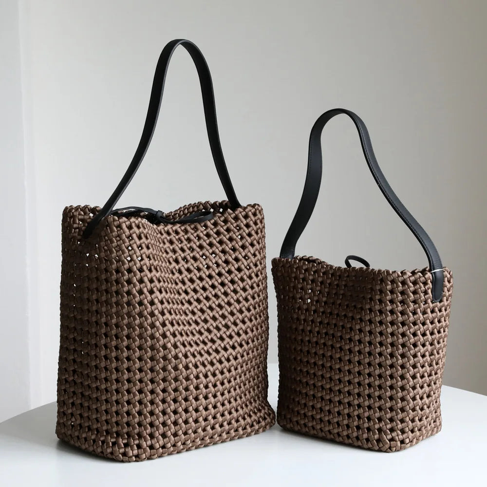 Maxy NEW Hollow woven silk and satin with cowhide women's bag large capacity tote bag hand-heeled shoulder armpit bag bucket bag