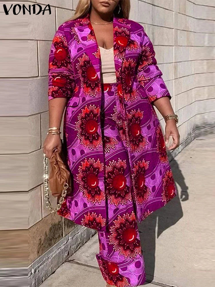 Maxy Plus Size Women Sets Two Piece Holiday Bohemian Printing Elegant Long Sleeve Outfits Fashion Casual Simple 2pc Suits