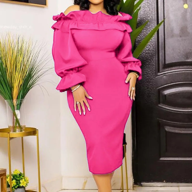 Maxy Autumn Off Shoulder Sexy One Word Collar Plus Size Hip Package Dress Ruffles Patchwork Puff Long Sleeve Solid Vestidos De Fiesta