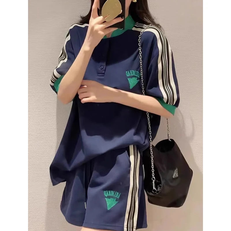 Maxy Navy Loose Side Patch Streetwear Tracksuit Summer Shirts Shorts Pants Embroidery Two Piece Sets Womens Outifits Harajuku Casual