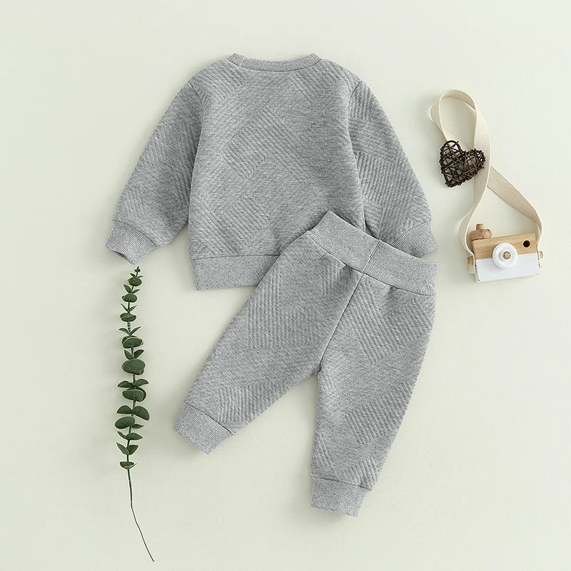 Maxy 2Pcs Baby Boys Fall Winter Outfits Long Sleeve Front Pocket Textured Sweatshirt Tops and Trousers Set Toddler Clothes