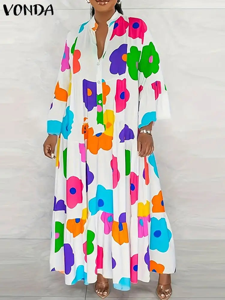 Maxy Plus Size 5XL Autumn Ruffle Dress Elegant Long Dress VONDA Round Neck Printed Flare Sleeve Vestidos Loose Robe