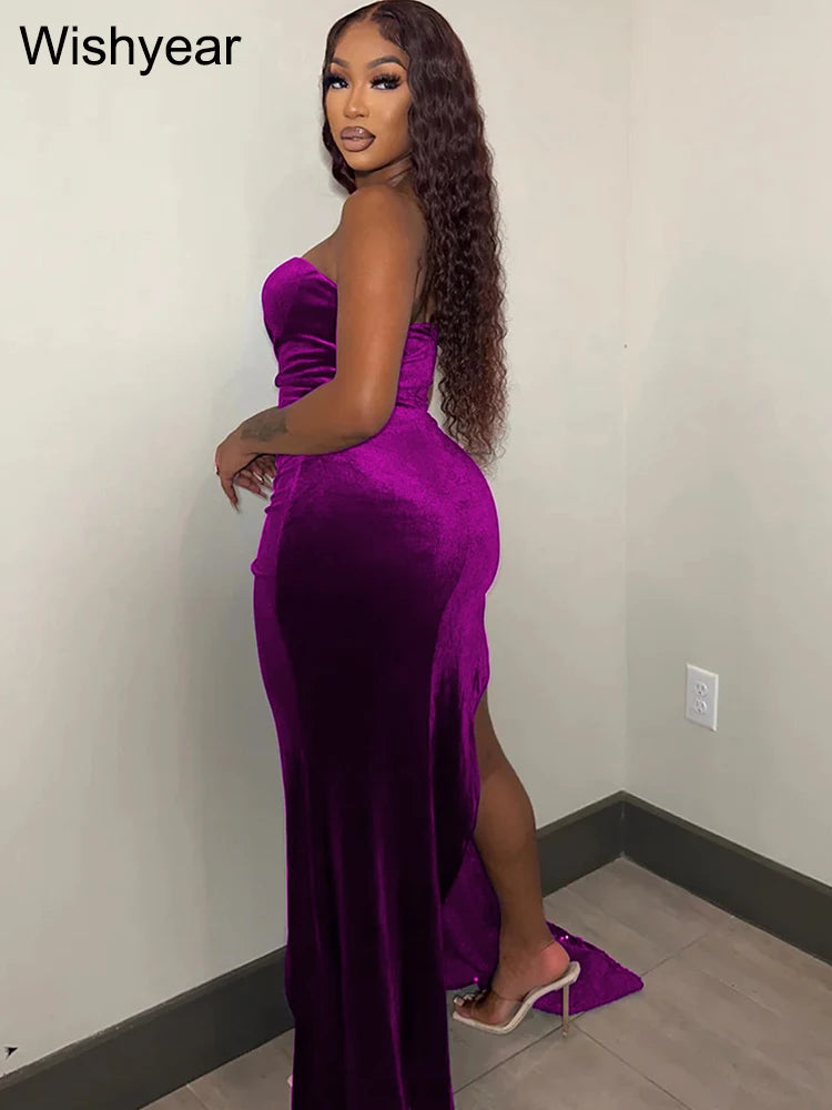 Maxy Elegant Sparkly Bodycon Long Dresses with Trail Christmas Birthday Dress for Women Sequin Velvet Maxy Evening dress