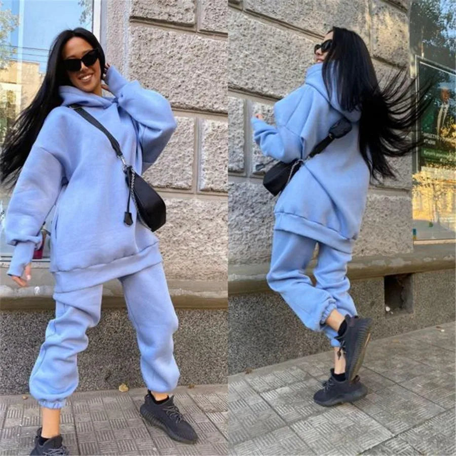 Maxy Winter Two Piece Set Women Tracksuit Oversized Suit 2024 Autumn Trouser Suits Female Sweatshirt Solid Sports Hoodie Sportswear